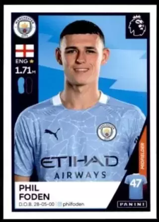 PANINI FOOTBALL 2020 PHIL FODEN MANCHESTER CITY  ROOKIE STICKER NUMBER 365 