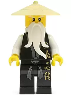 LEGO Ninjago Minifigures - Wu Sensei - Black Kimono with Gold Symbols, Dark Bluish Gray Sash, Tan Asian Hat, White Beard
