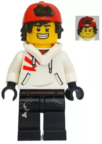Lego Hidden Side Minifigures - Jack Davids - White Hoodie with Backwards Cap and Hood Folded Down (Large Smile / Grumpy)
