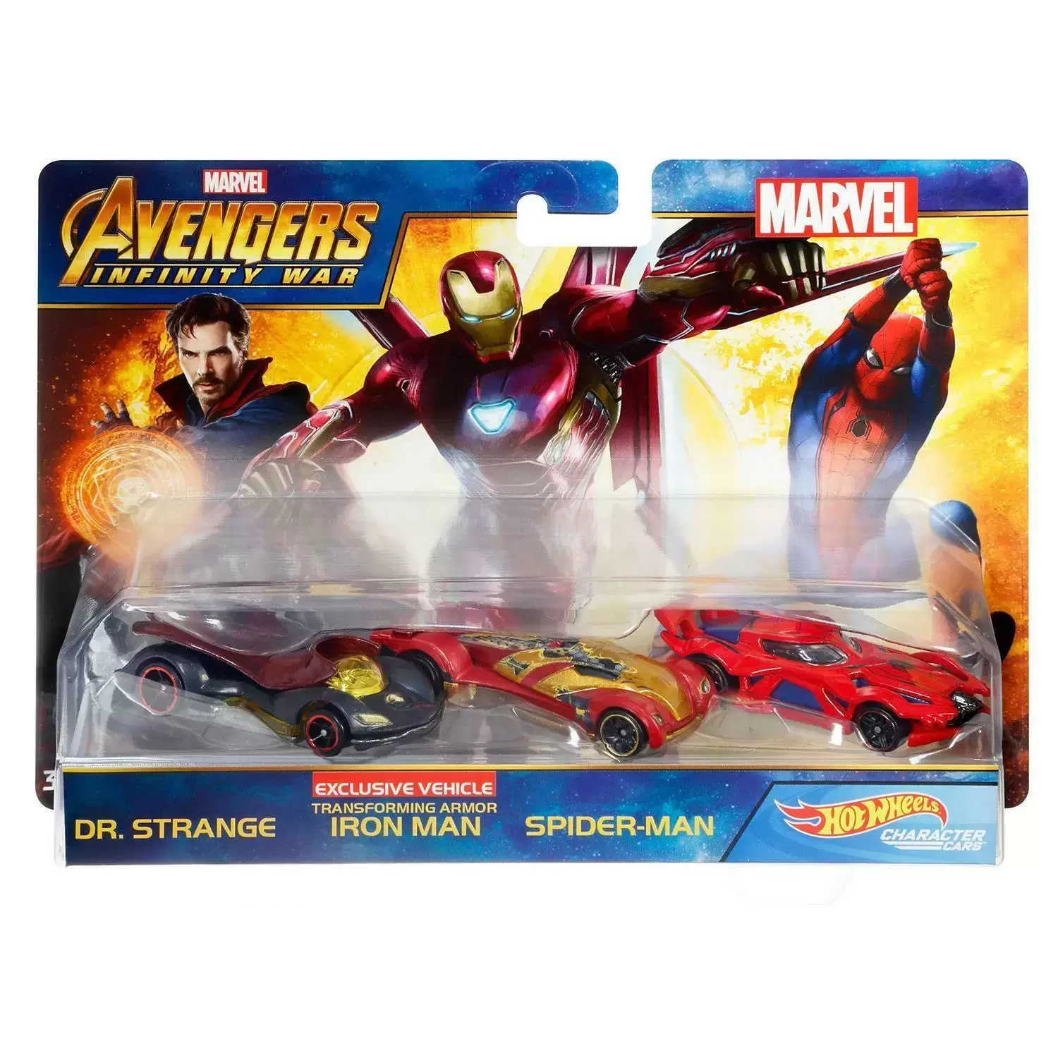 Marvel Character Cars - Infinity Wars - Dr. Strange + Transforming Armor Iron Man + Spider-Man