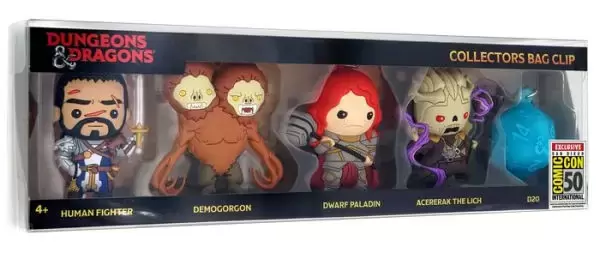 Dungeons & Dragons - Bag Clips - Human Gifhter, Demogorgon, Dwarf Paladin, Acererak The Ligh & D20 5 Pack