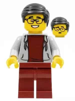 Man, Black Hair, Glasses, Light Bluish Gray Hoodie, Dark Red Shirt and Legs  - LEGO Holiday & Event Minifigures