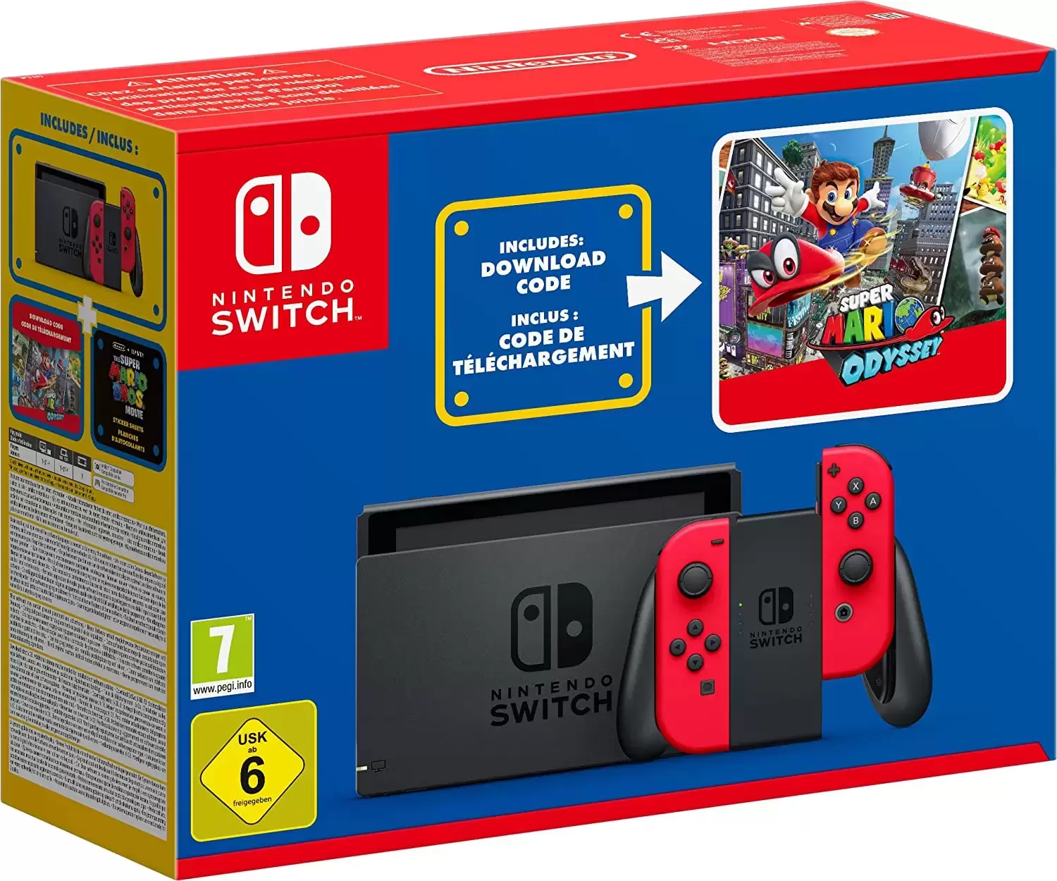 Nintendo Switch Stuff - Pack Nintendo Switch (rouge) + Super Mario Odyssey (Code) + Stickers