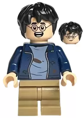 Lego Harry Potter Minifigures - Harry Potter - Dark Blue Open Jacket with Tears and Blood Stains, Dark Tan Medium Legs, Smile / Open Mouth with Teeth