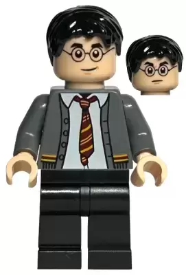 Lego Harry Potter Minifigures - Harry Potter - Dark Bluish Gray Gryffindor Cardigan Sweater Open over Shirt without Wrinkles, Black Legs
