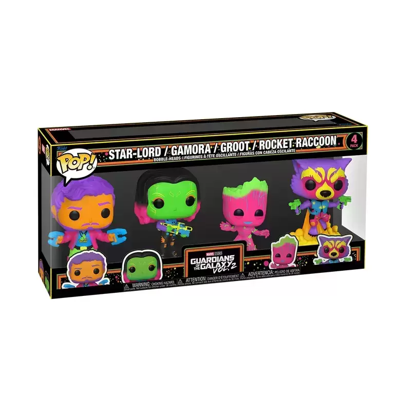 The Guardians of The Galaxy - Star-Lord, Gamora, Groot & Rocket Raccoon  Blacklight 4 Pack - POP! MARVEL action figure