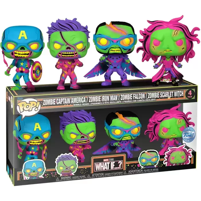POP! MARVEL - What if....? - Zombie Captain America, Zombie Iron Man, Zombie Falcon & Zombie Scarlet Witch Blacklight 4 Pack