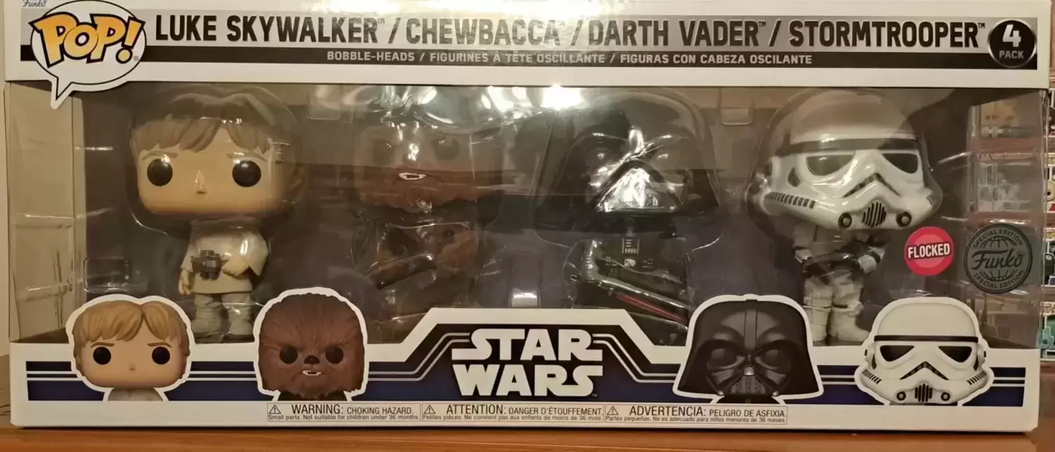 POP! Star Wars - 4 Pack - Luke Skywalker, Chewbacca, Darth Vader & Stormtrooper Flocked