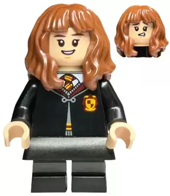 Lego Harry Potter Minifigures - Hermione Granger - Gryffindor Robe Clasped, Black Skirt, Black Short Legs with Dark Bluish Gray Stripes, Open Mouth Smile / Confused